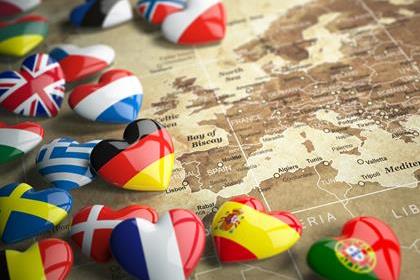 Map of Europe and hearts with flags of european countries. Travel EU concept. 3d