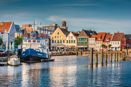 Beautiful view of the old town of Husum, the capital of Nordfriesland and birthplace of German writer Theodor Storm, in Schleswig-Holstein, Germany